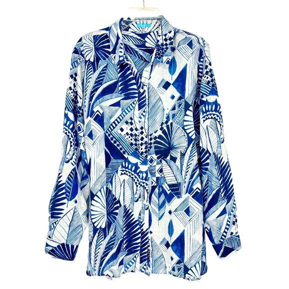 J. MCLAUGHLIN Women’s XL Blue Linen LS Button-Up Top Blouse Tropical Palm Floral - Picture 2 of 14